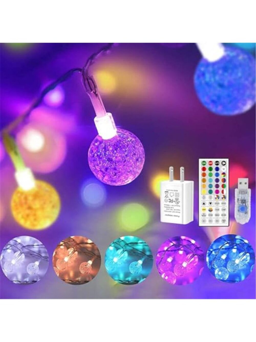 Color Changing Indoor String Light USB Plug, 16.5ft 50 LEDs Crystal Globe Lights